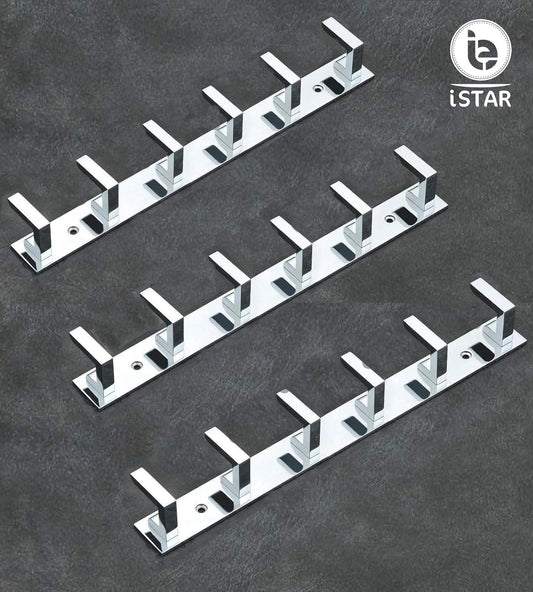 iSTAR 6 Pin Bathroom Cloth Hooks Hanger Wall Bedroom Bathroom Robe Hooks Rail for Hanging Keys,Clothes,Towel Steel Hook (Pack of 3, Silver), Aluminium