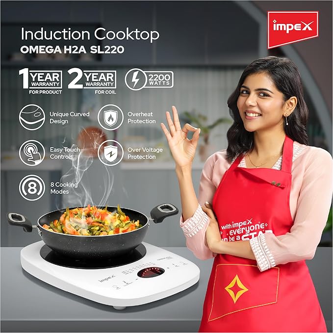 Impex 2200 Watt Induction Cooktop With Full Touch Control | 4 hours Timer Function | Crystalline glass top | Overheat Protection & Auto Turn-Off |OMEGA H2A SL220 WHITE