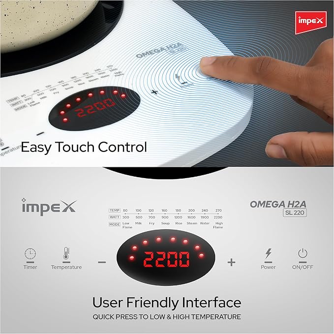 Impex 2200 Watt Induction Cooktop With Full Touch Control | 4 hours Timer Function | Crystalline glass top | Overheat Protection & Auto Turn-Off |OMEGA H2A SL220 WHITE
