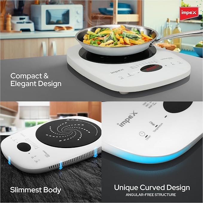 Impex 2200 Watt Induction Cooktop With Full Touch Control | 4 hours Timer Function | Crystalline glass top | Overheat Protection & Auto Turn-Off |OMEGA H2A SL220 WHITE