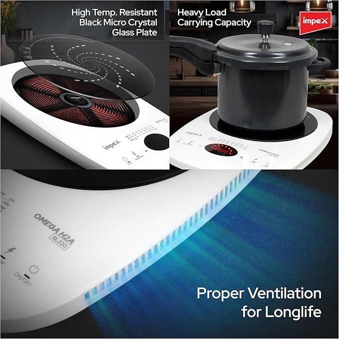 Impex 2200 Watt Induction Cooktop With Full Touch Control | 4 hours Timer Function | Crystalline glass top | Overheat Protection & Auto Turn-Off |OMEGA H2A SL220 WHITE