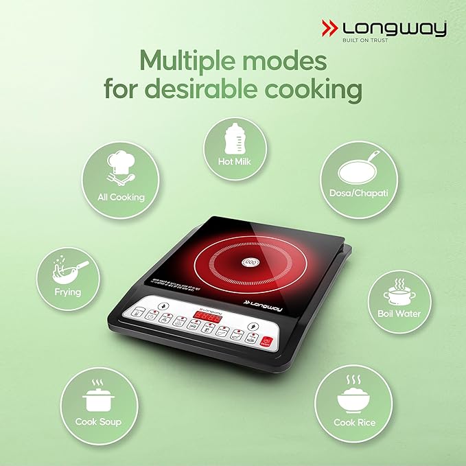 Longway Elite Plus IC 2000 Watt Induction Cooktop with Auto Shut-Off & Over-Heat Protection With 8 Cooking Mode & BIS Approved