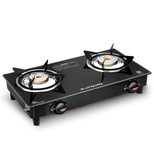 Longway Furn Glass Top, 2 Burner Manual Ignition Glass Gas Stove