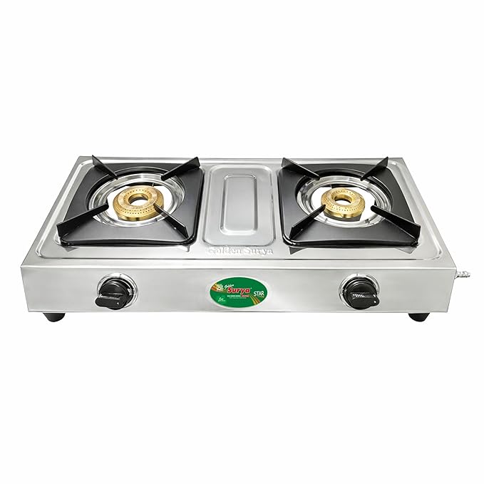 Star 2 Burner LPG Gas Stove with High Efficiency Burners, Stainless Steel Body, Heavy MS Pan Support, Manual Ignition, ISI Certified, 18 Months Warranty