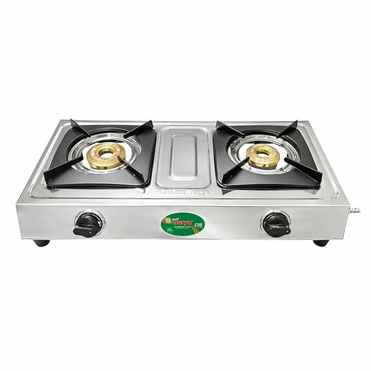Star 2 Burner LPG Gas Stove with High Efficiency Burners, Stainless Steel Body, Heavy MS Pan Support, Manual Ignition, ISI Certified, 18 Months Warranty