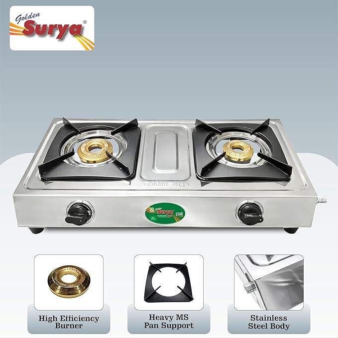 Star 2 Burner LPG Gas Stove with High Efficiency Burners, Stainless Steel Body, Heavy MS Pan Support, Manual Ignition, ISI Certified, 18 Months Warranty