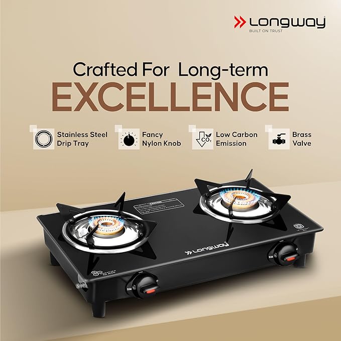 Longway Furn Glass Top, 2 Burner Manual Ignition Glass Gas Stove