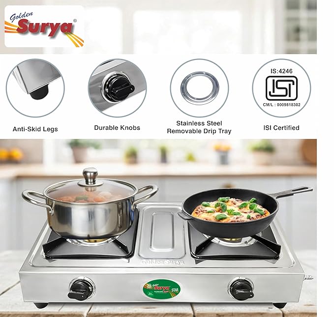 Star 2 Burner LPG Gas Stove with High Efficiency Burners, Stainless Steel Body, Heavy MS Pan Support, Manual Ignition, ISI Certified, 18 Months Warranty