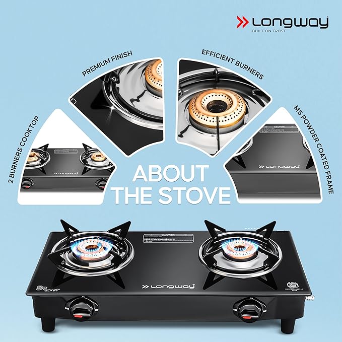 Longway Furn Glass Top, 2 Burner Manual Ignition Glass Gas Stove