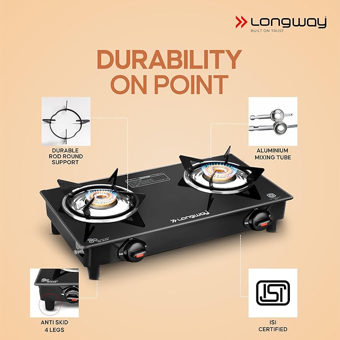 Longway Furn Glass Top, 2 Burner Manual Ignition Glass Gas Stove