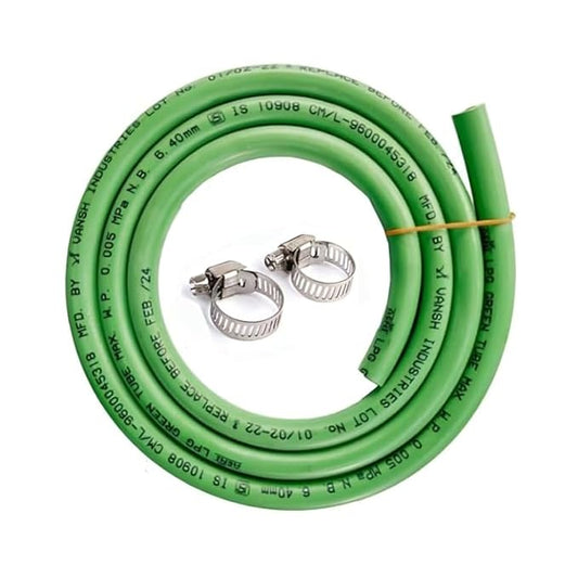 Green Tube LPG Gas Pipe 1.5 Meter + 2 Clamps | ISI Certified | 100% Flame Resistant & Flexible Gas Stove-Cylinder Hose Pipe