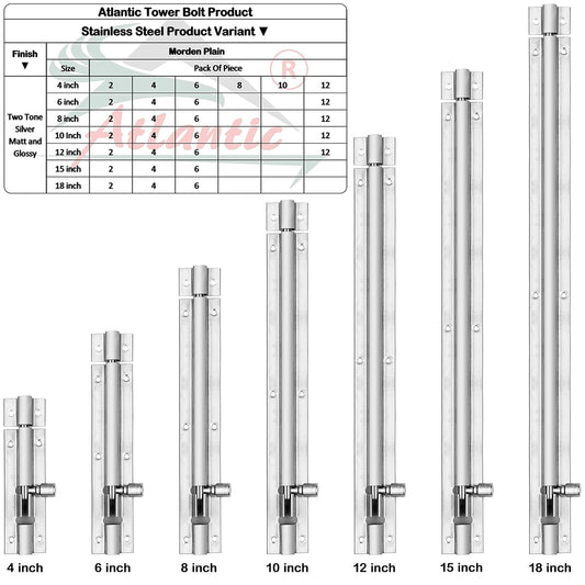 Atlantic Morden Plain Stainless Steel Tower Bolt 4 inch, Tower Bolt for Home, Office, Doors,Windows,Tower Bolt for Main Door and Bathroom, Easy to Fit (Two Tone Silver, Pack of 12 Pcs)