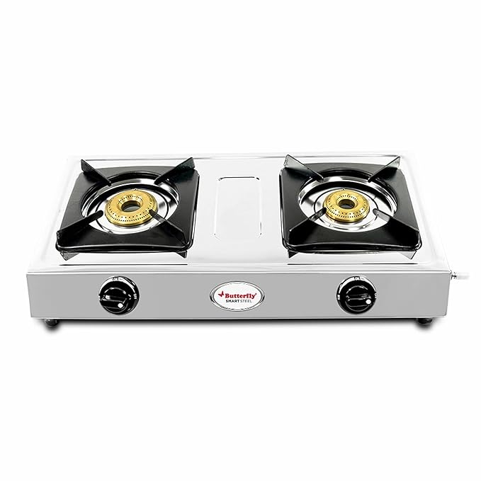 Butterfly Smart 2 Burner Stainless Steel Gas Stove | Manual Ignition | Brass Burners | Skid-proof Legs | 1 Year Manufacturer's Warranty | Grey