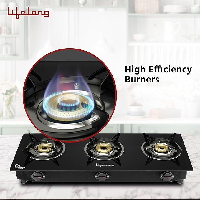Lifelong 3 Burner Open Heating Gas Stove Top For Kitchen-Automatic Ignition Cooktop Modern Glass Stove For Modular Kitchen