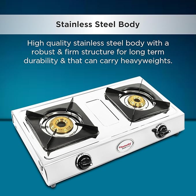 Butterfly Smart 2 Burner Stainless Steel Gas Stove | Manual Ignition | Brass Burners | Skid-proof Legs | 1 Year Manufacturer's Warranty | Grey