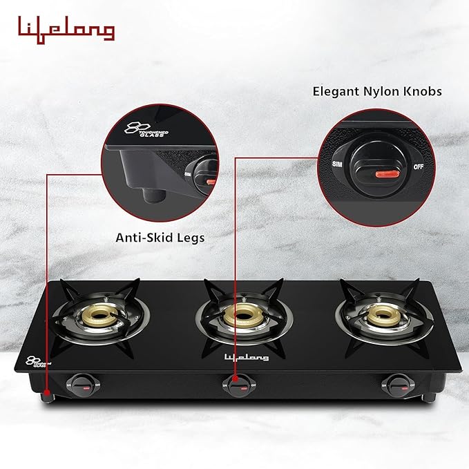 Lifelong 3 Burner Open Heating Gas Stove Top For Kitchen-Automatic Ignition Cooktop Modern Glass Stove For Modular Kitchen