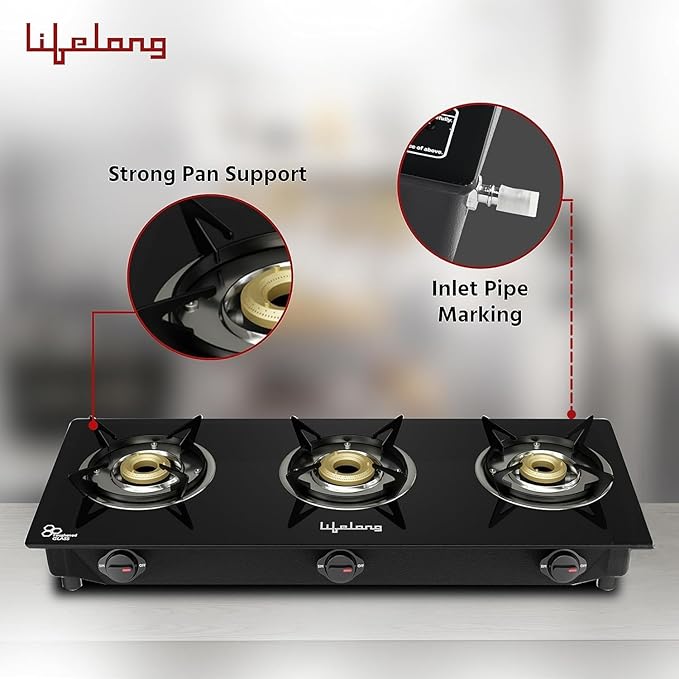 Lifelong 3 Burner Open Heating Gas Stove Top For Kitchen-Automatic Ignition Cooktop Modern Glass Stove For Modular Kitchen