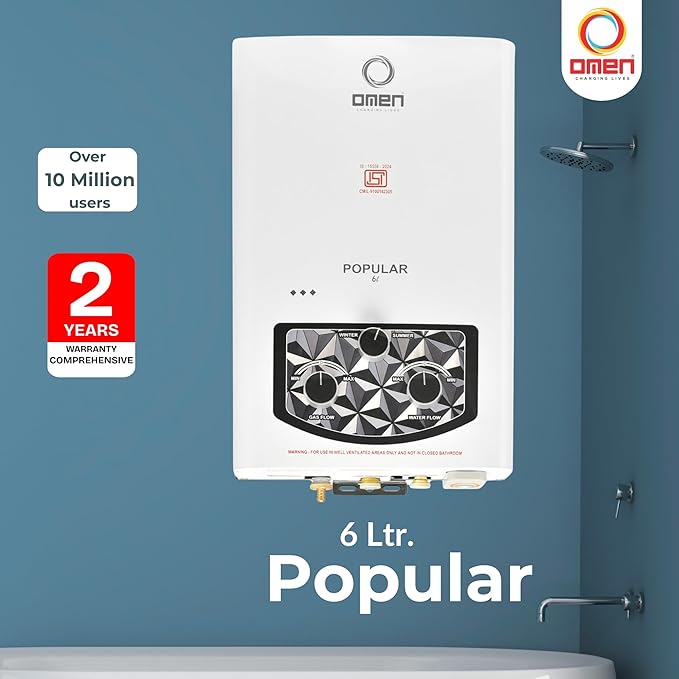 Popular 6L Gas Water Heater (Geyser) | Instant LPG Gas Geyser | Wall Mounted | Auto Ignition | Flame & Water Control Knob | Summer-Winter Mode | Suitable For Bathroom & Kitchen