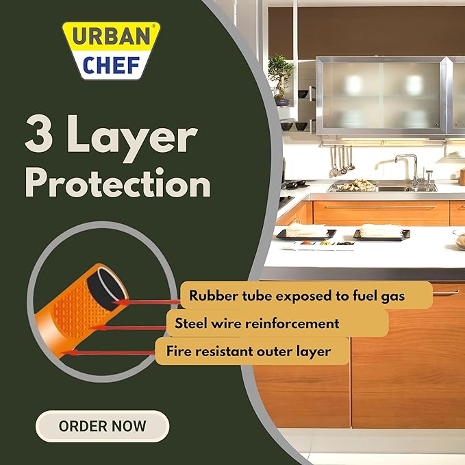 Gas Pipe 1.5 Meter with ISI Certified | Fine Quality LPG Hose Pipe Flame Resistant, Leak Proof Made with Reinforced Steel Wire Home | 3 Layer Protection Gas Cylinder Pipe -5 Years Warranty