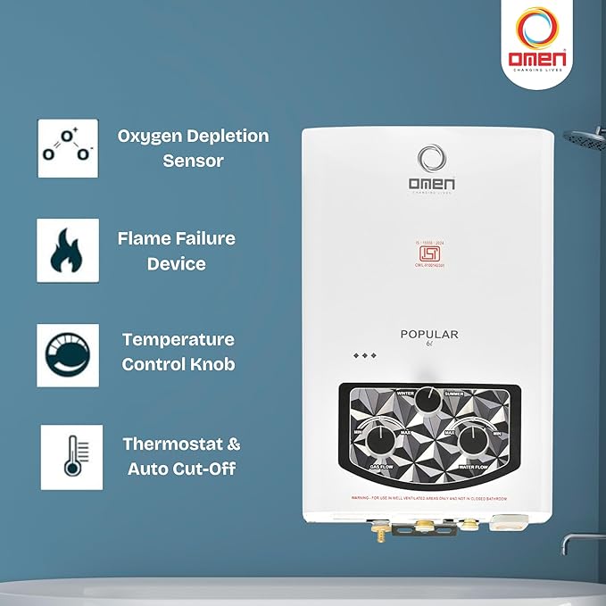 Popular 6L Gas Water Heater (Geyser) | Instant LPG Gas Geyser | Wall Mounted | Auto Ignition | Flame & Water Control Knob | Summer-Winter Mode | Suitable For Bathroom & Kitchen