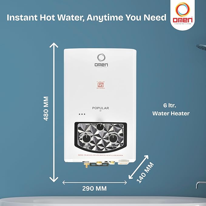 Popular 6L Gas Water Heater (Geyser) | Instant LPG Gas Geyser | Wall Mounted | Auto Ignition | Flame & Water Control Knob | Summer-Winter Mode | Suitable For Bathroom & Kitchen